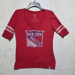 New York Rangers Women Red V-Neck Graphic T-Shirt 47 Brand Striped Sleeve Medium